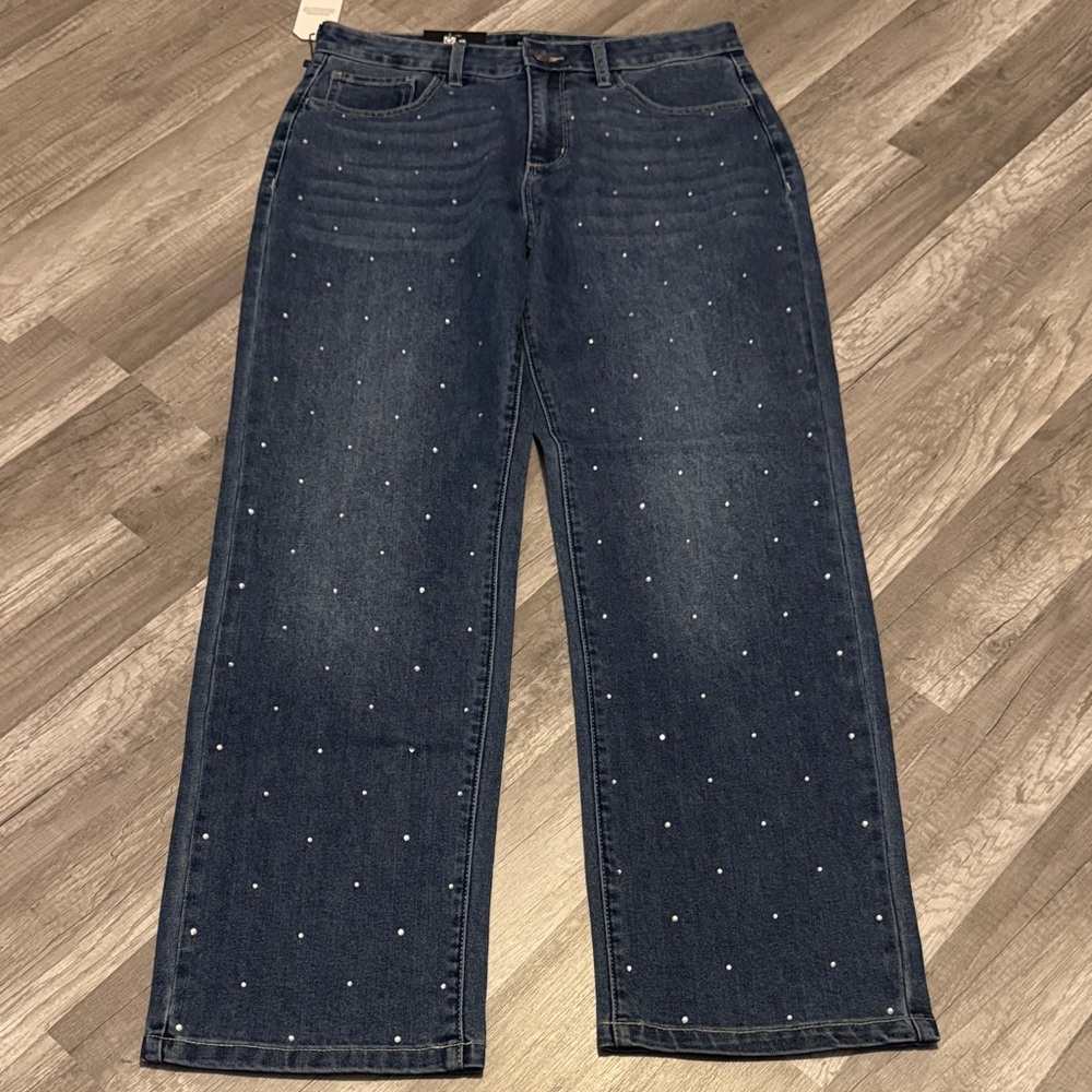 Express Dark Blue Straight-Leg Jeans with Rhinestone Dots